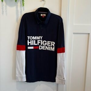 Tommy Hilfiger Denim Rugby Long Sleeve Polo Navy Red Color-blocked Men's Size L